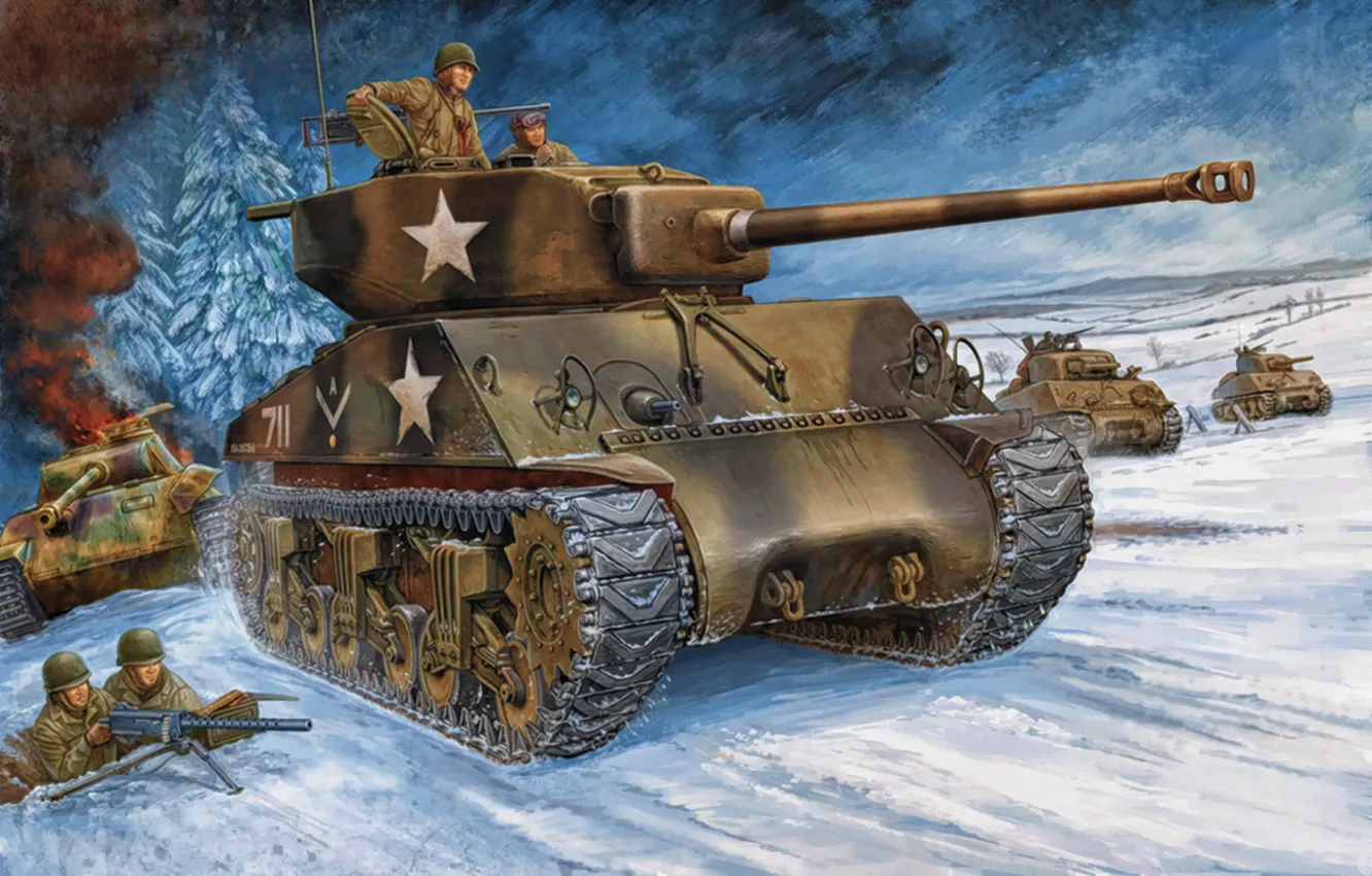 Фото обои war, art, painting, tank, ww2, m4a3 Sherman