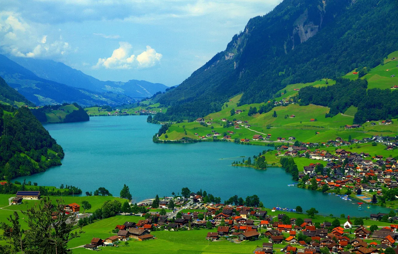 Фото обои горы, озеро, домик, поселение