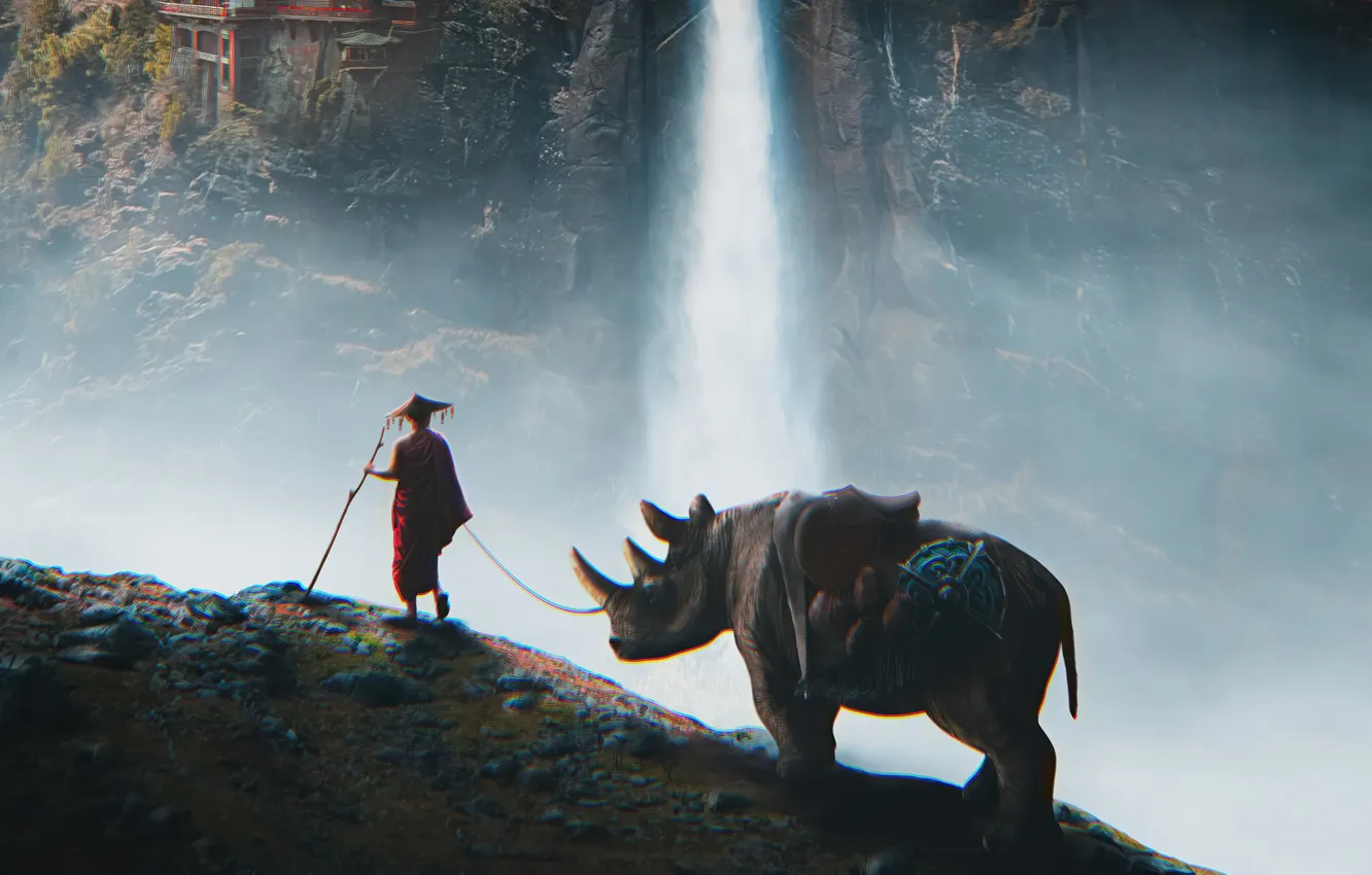 Фото обои waterfall, painting, rhinoceros, shield, warrior, monk
