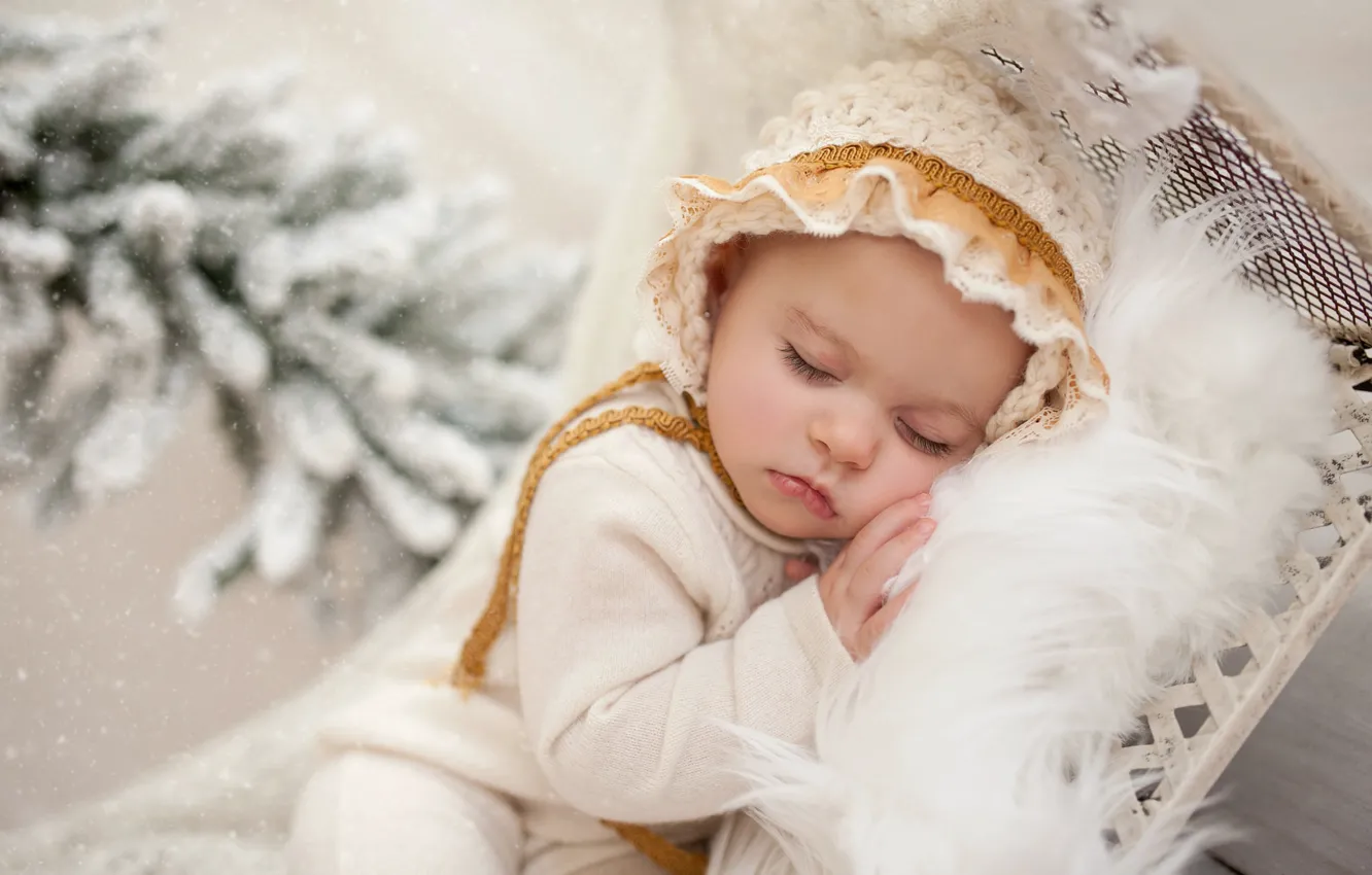 Фото обои снег, сон, ветка, мех, ребёнок, младенец