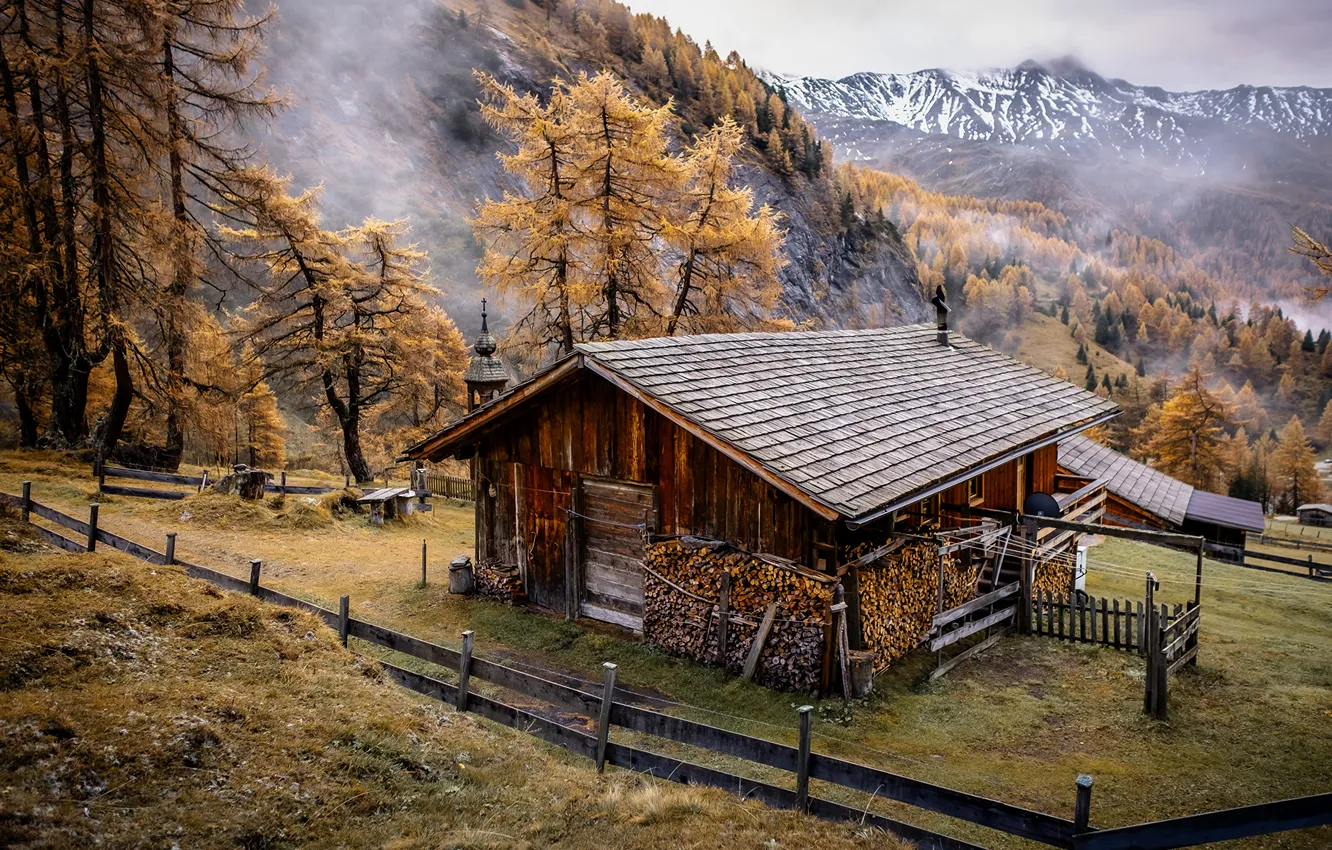 Фото обои Дома, Горы, Осень, Австрия, Альпы, Деревянный