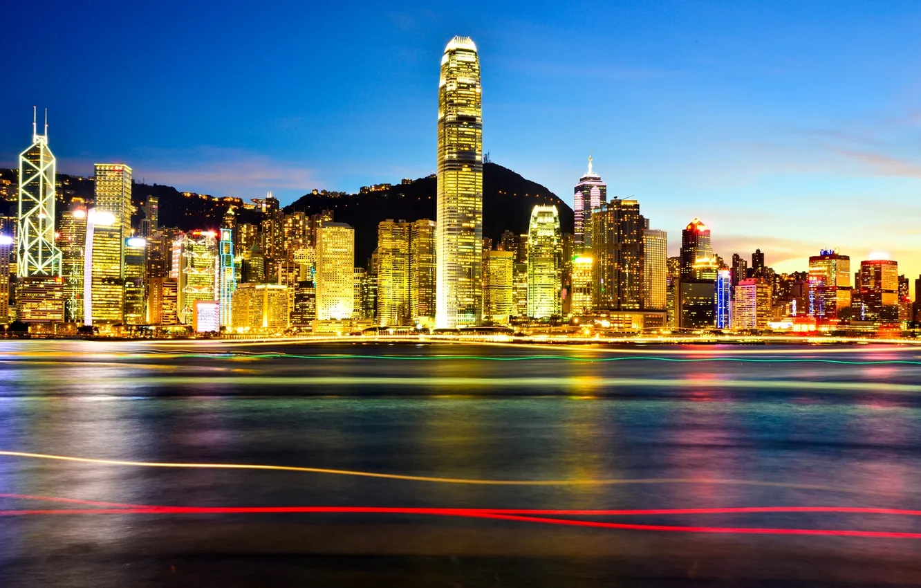 Фото обои ночь, город, огни, Гонконг, небоскребы, подсветка, Китай, Азия
