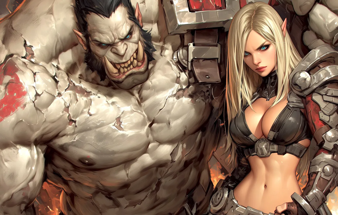 Фото обои girl, fantasy, cleavage, monster, armor, blonde, digital art, fantasy art