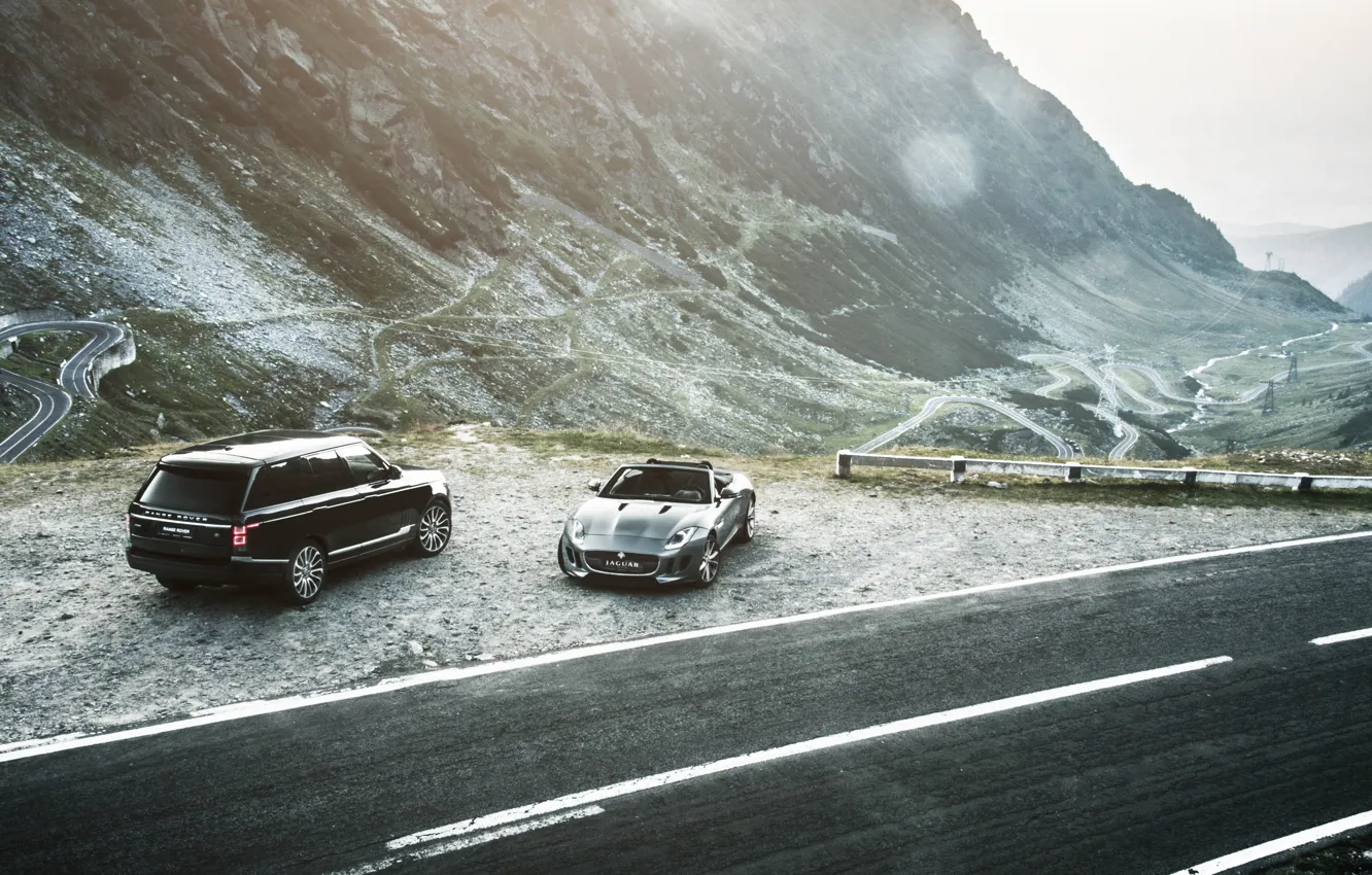 Фото обои car, горы, range rover, jaguar f-type