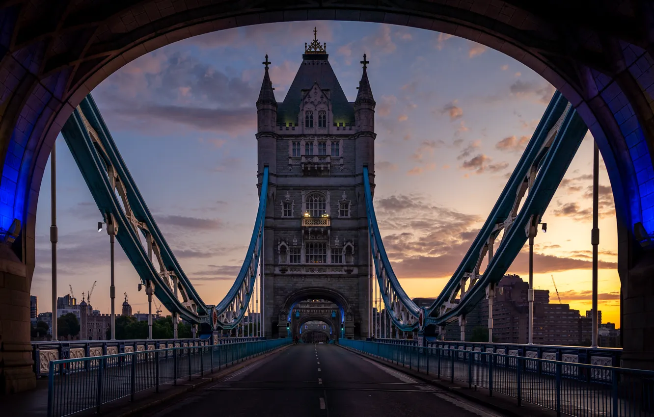 Фото обои дорога, мост, рассвет, Лондон, Тауэрский мост, Tower Bridge, London