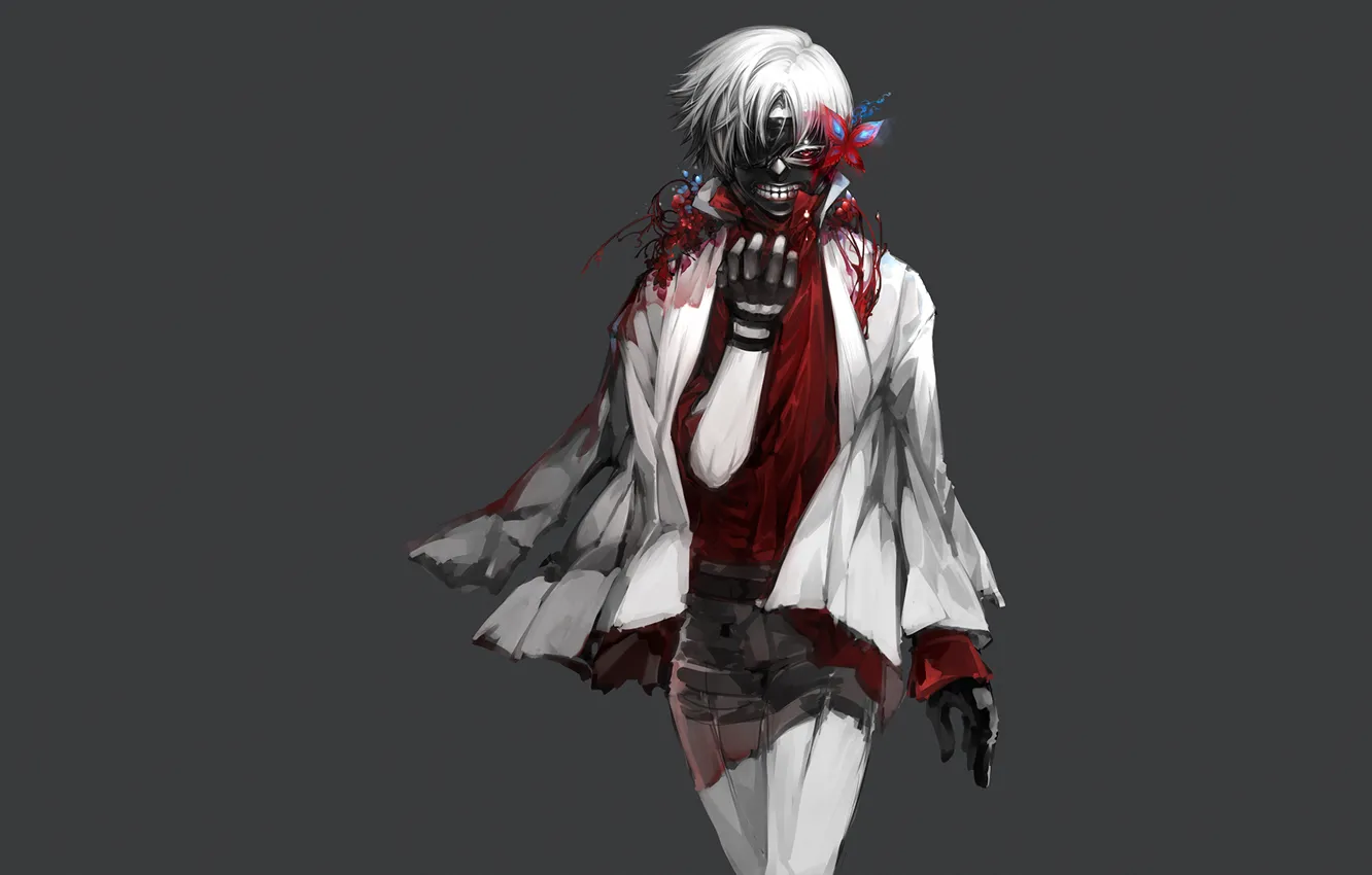 Фото обои кровь, маска, арт, Art, белые волосы, красный глаз, Tokyo Ghoul, Kaneki Ken
