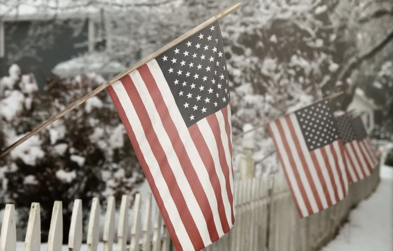 Фото обои snow, Winter fence, American Flag
