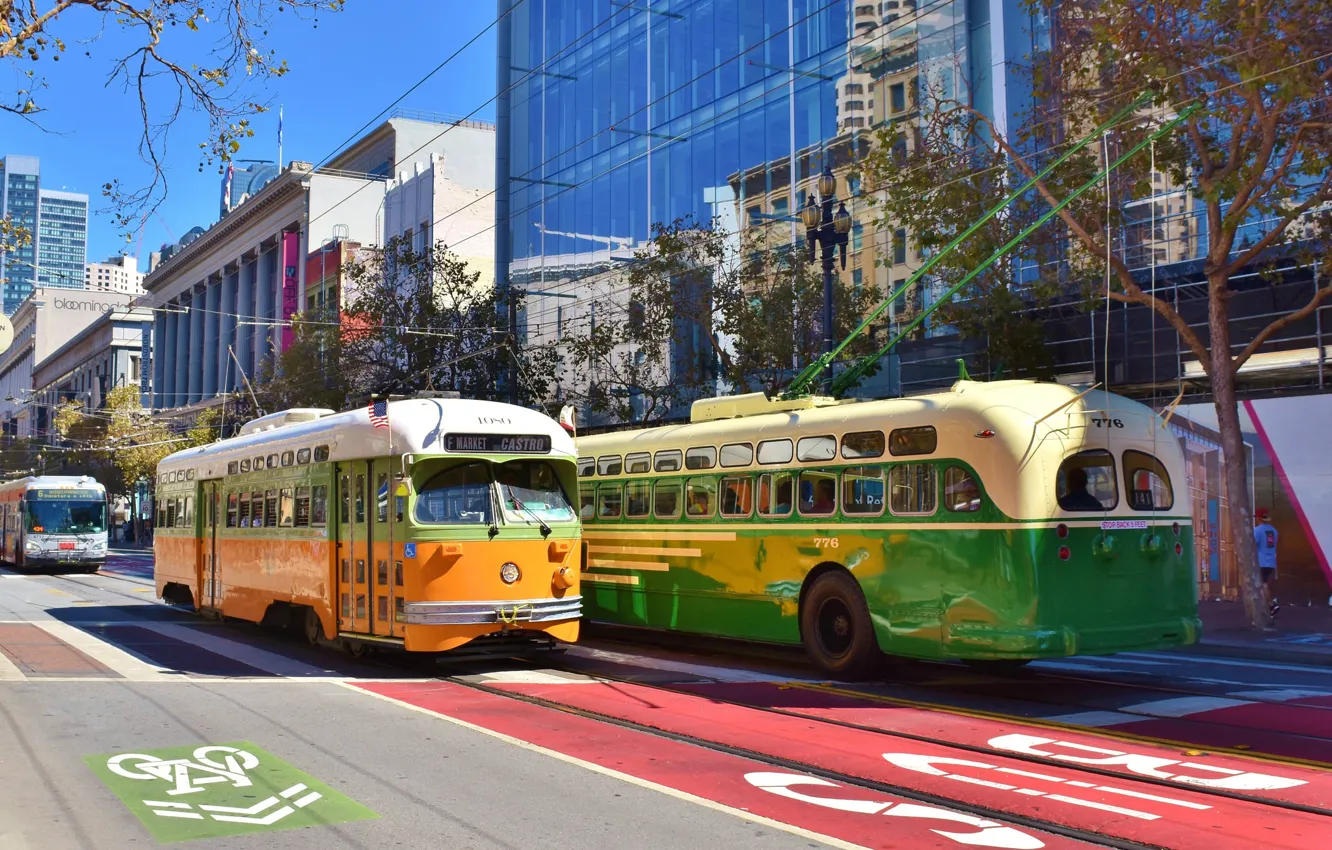 Фото обои город, движение, улица, дома, трамвай, автобус