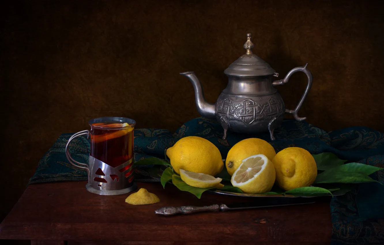 Фото обои лимон, чай, чайник, натюрморт