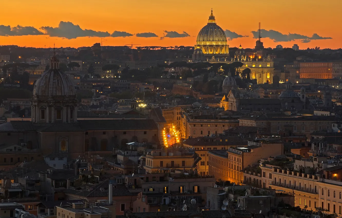 Фото обои огни, вечер, Рим, Италия, панорама, Собор Святого Петра