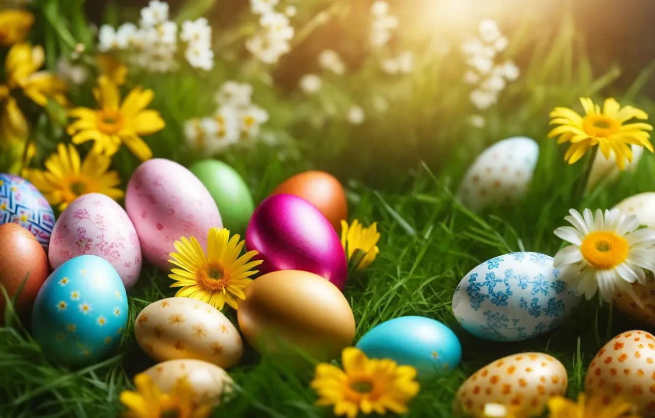 Фото обои цветы, яйца, весна, colorful, Пасха, happy, flowers, spring