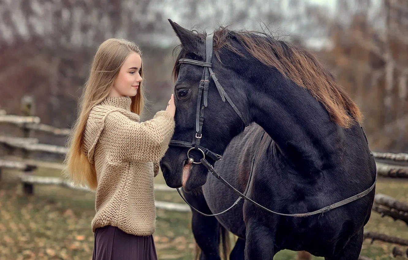 Фото обои осень, девушка, природа, животное, конь, лошадь, юбка, профиль