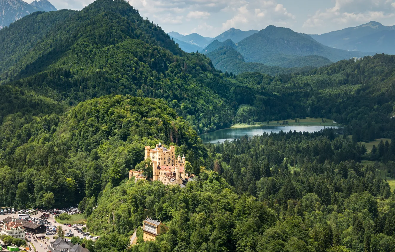 Фото обои лес, горы, озеро, замок, Германия, Хоэншвангау, Hohenschwangau Castle