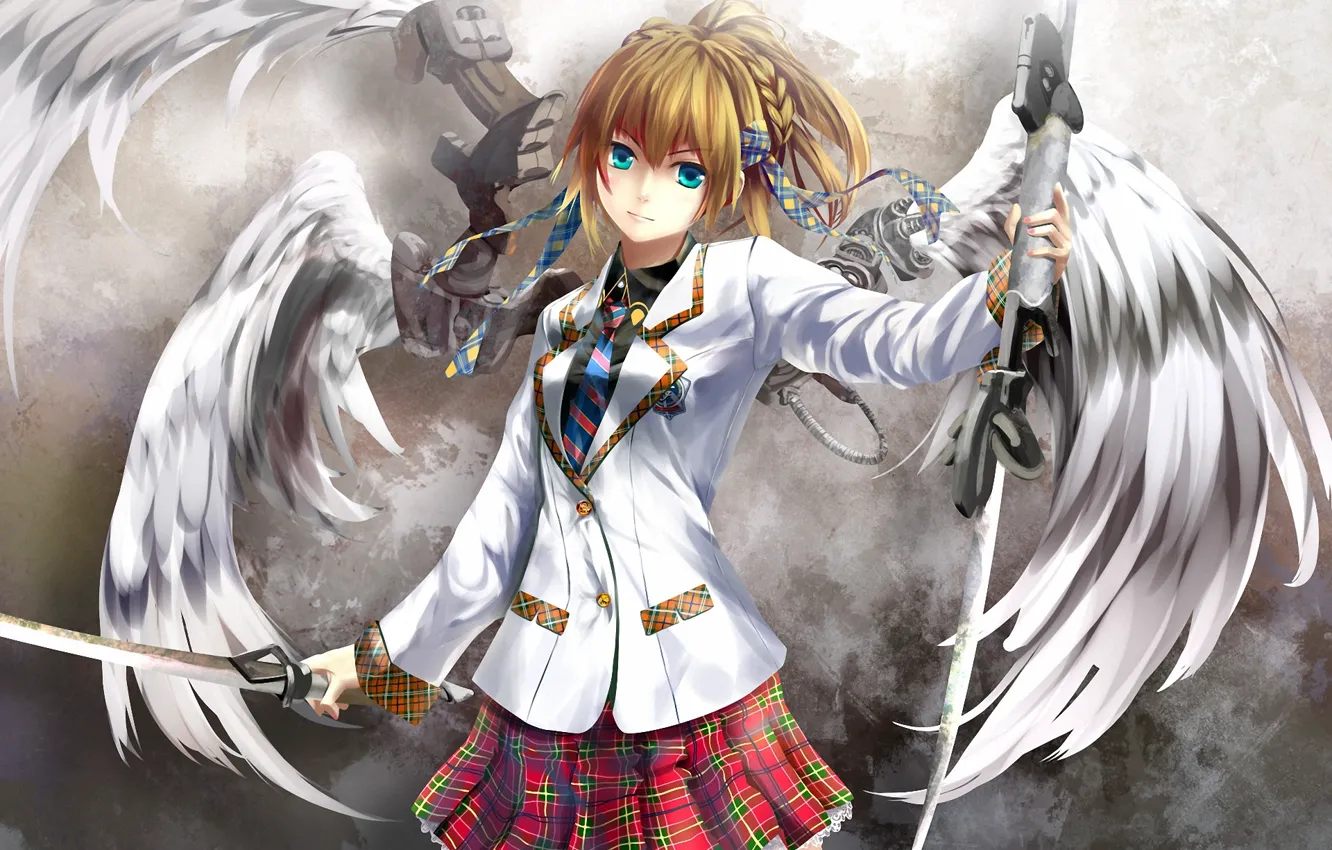 Фото обои девушка, оружие, механизм, крылья, ангел, меч, арт, форма
