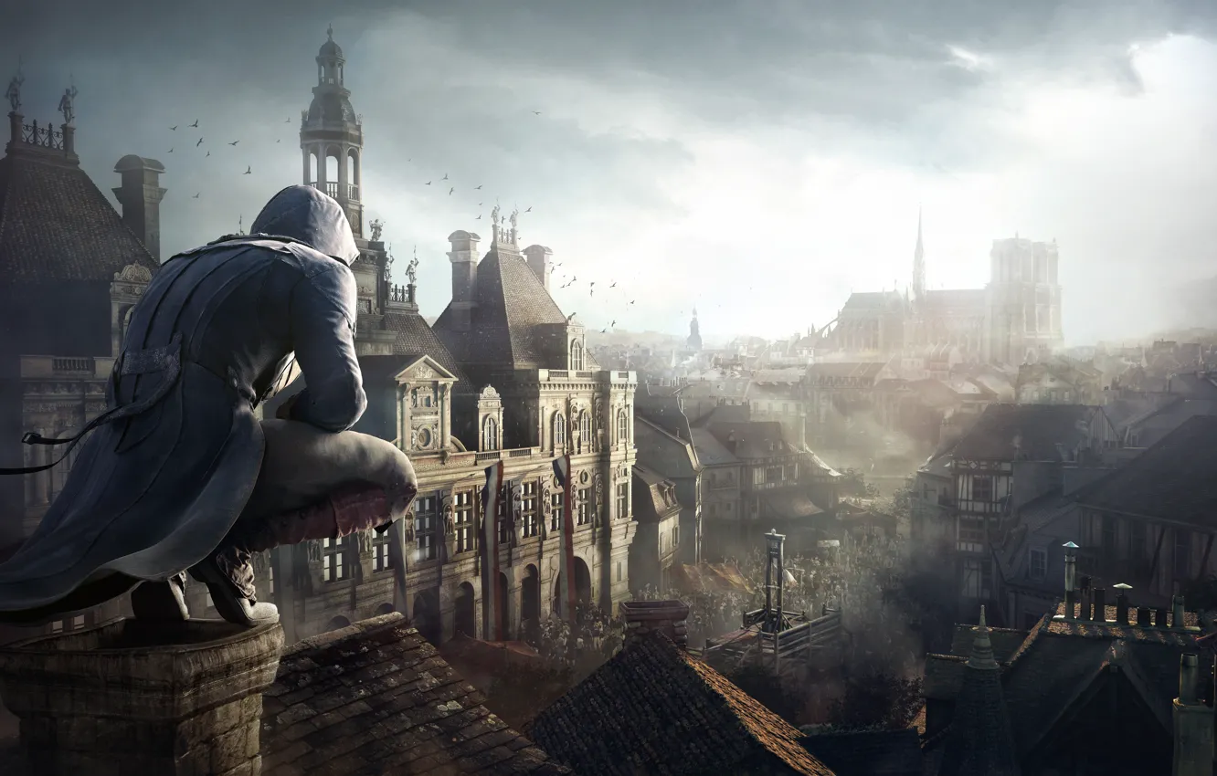 Фото обои город, капюшон, парень, Assassin's Creed, Assassin's Creed Unity, гильетина