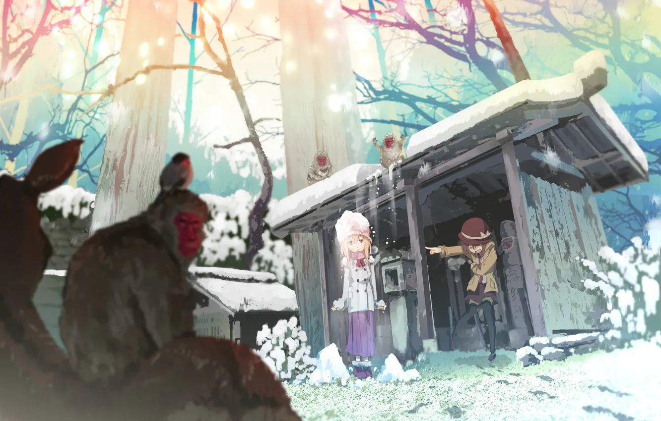 Фото обои зима, снег, девочки, смех, арт, обезьяны, touhou, usami renko