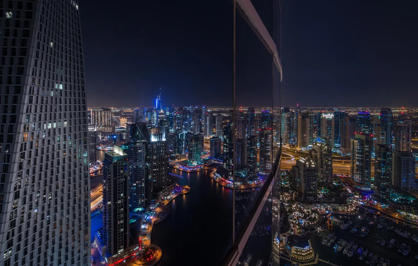 Фото обои ночь, город, отражение, небоскреб, окно, Дубаи