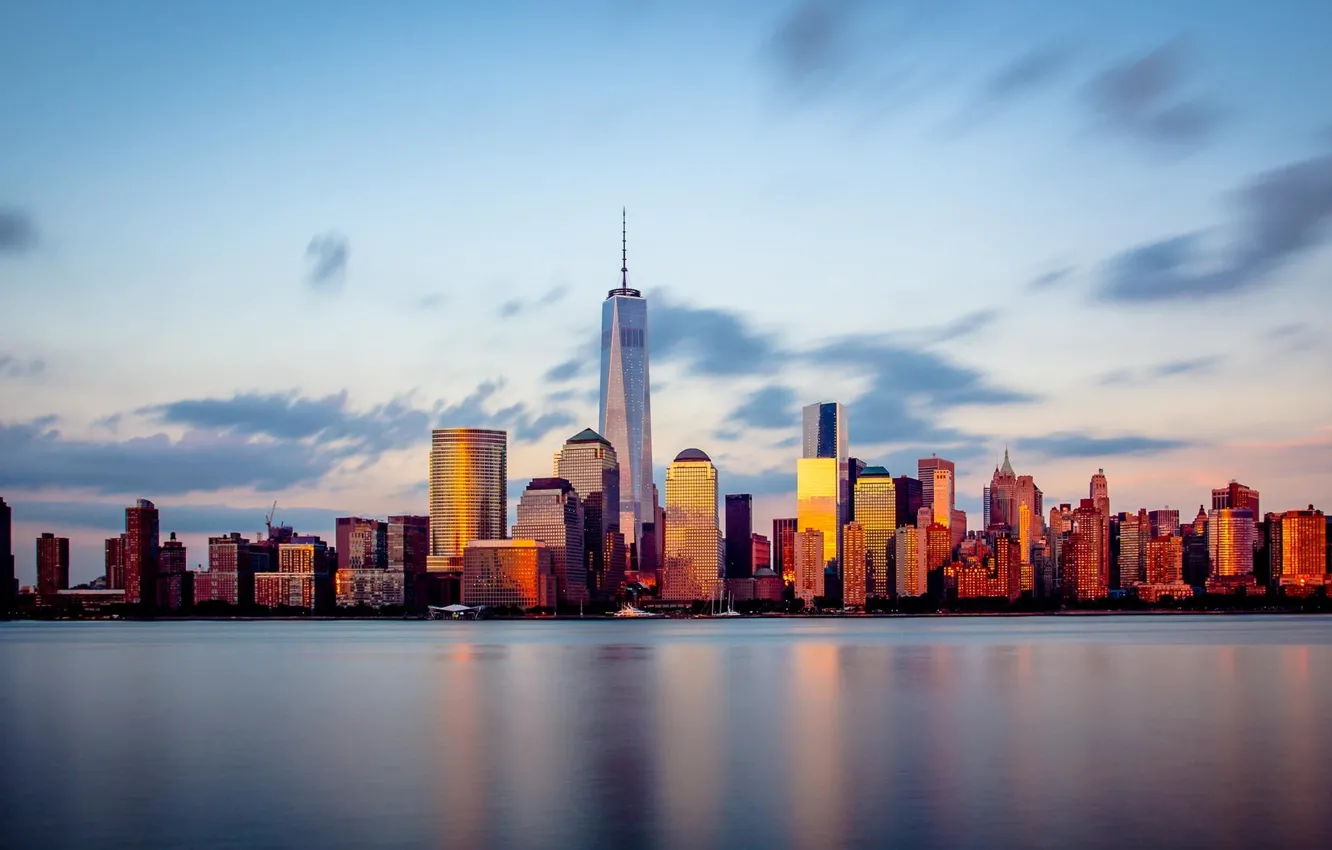Фото обои City, Sunset, New York, Manhattan, NYC, Downtown, Skyline, View