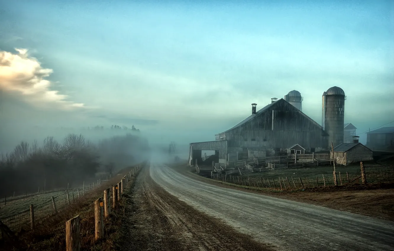 Фото обои дорога, пейзаж, туман, забор, HDR