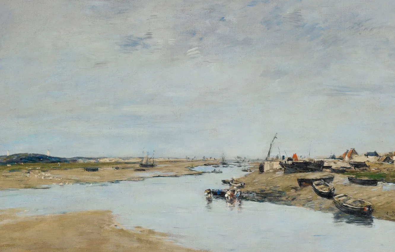 Фото обои пейзаж, река, лодка, картина, Эжен Буден, Eugene Boudin, Этапль