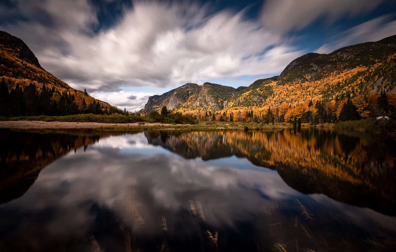 Фото обои осень, лес, горы, отражение, река, Канада, Canada, Quebec