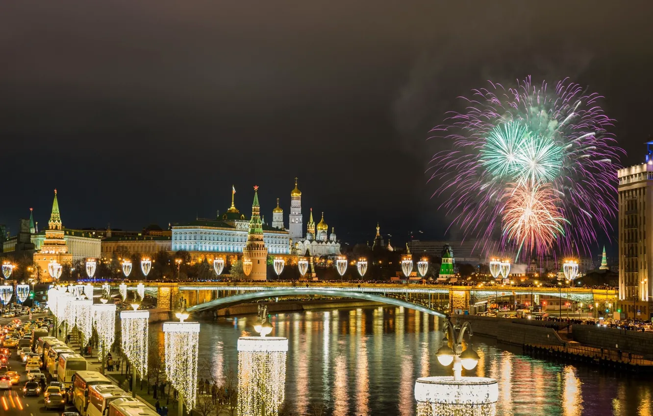 Фото обои ночь, город, салют, Москва, Россия