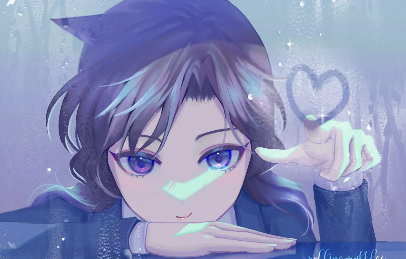 Фото обои стекло, девушка, капли, сердечко, Detective Conan, Ran Mouri