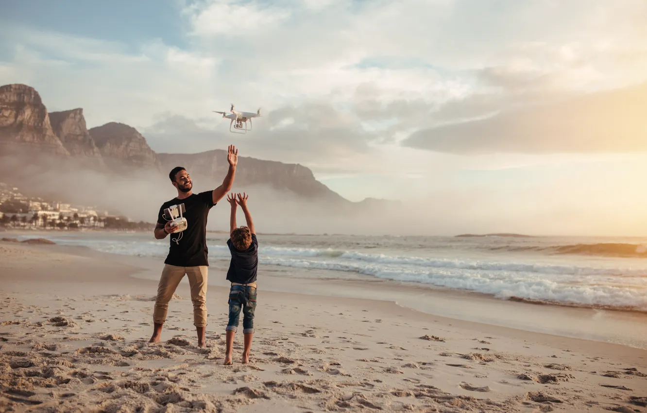Фото обои Пляж, Горы, Мальчик, Двое, Мужчина, South Africa, Южная Африка, Drone