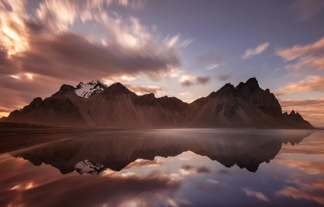 Фото обои пейзаж, закат, горы, озеро, отражение