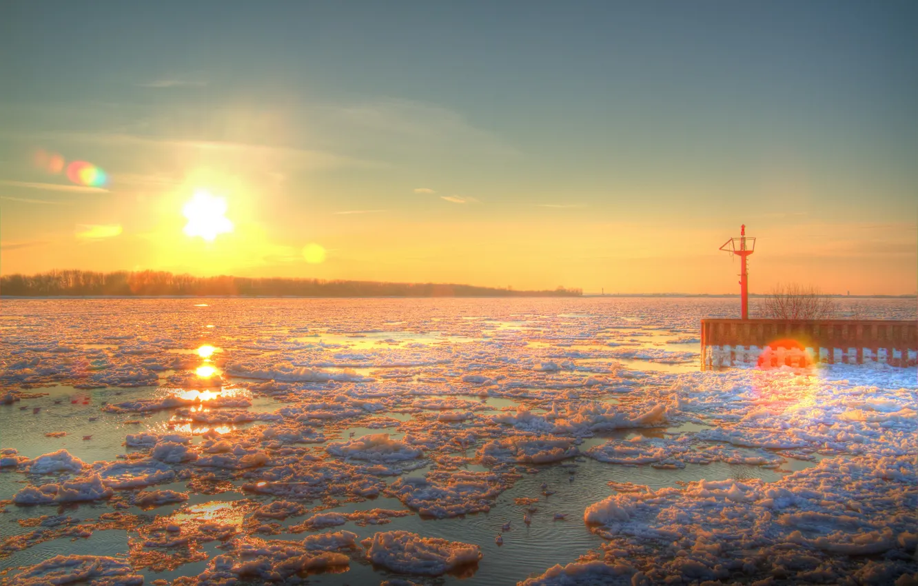 Фото обои лед, небо, солнце, снег, закат, природа, река, фото
