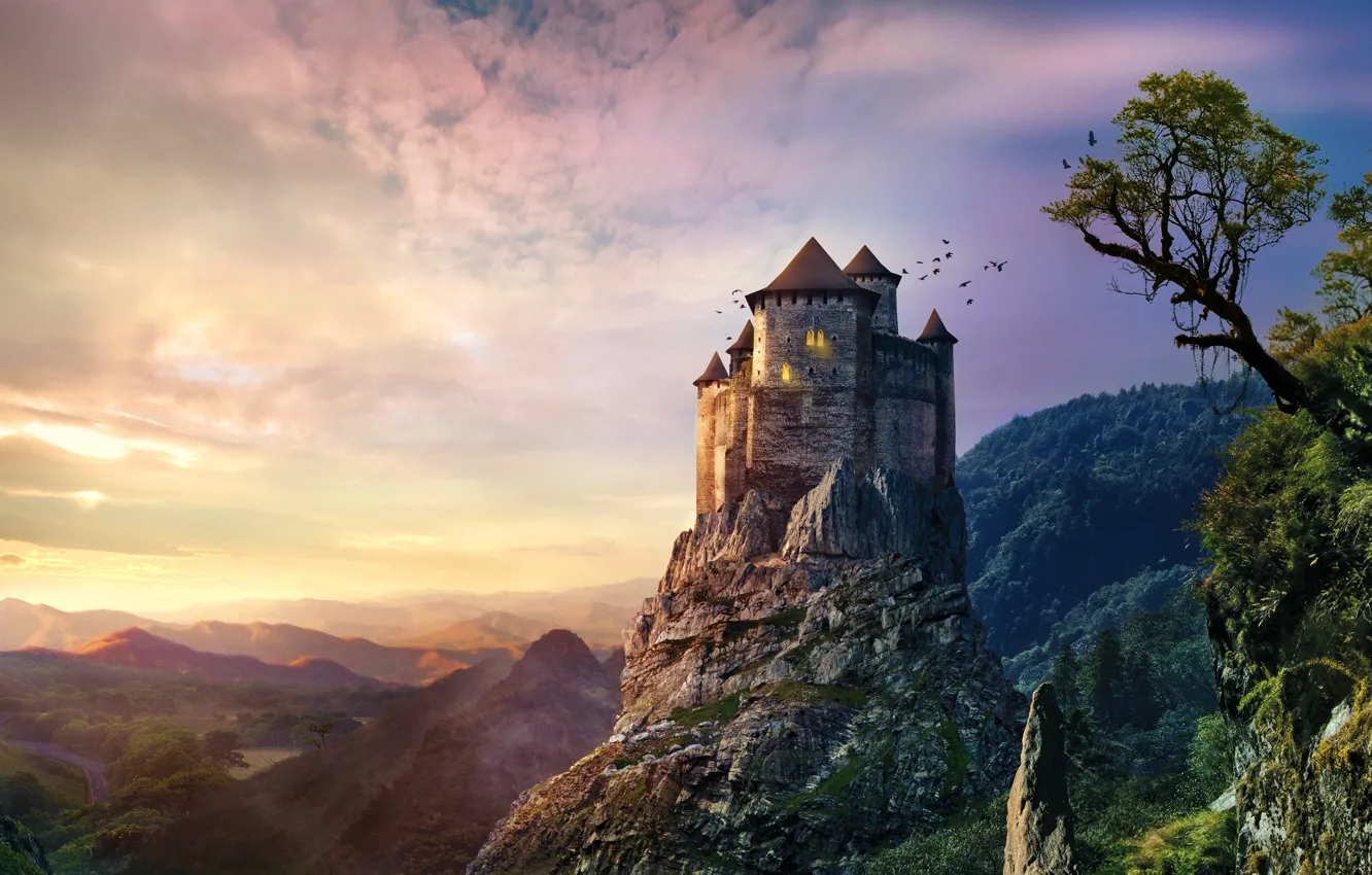 Фото обои закат, горы, скала, камни, замок, старый, старинный, castle