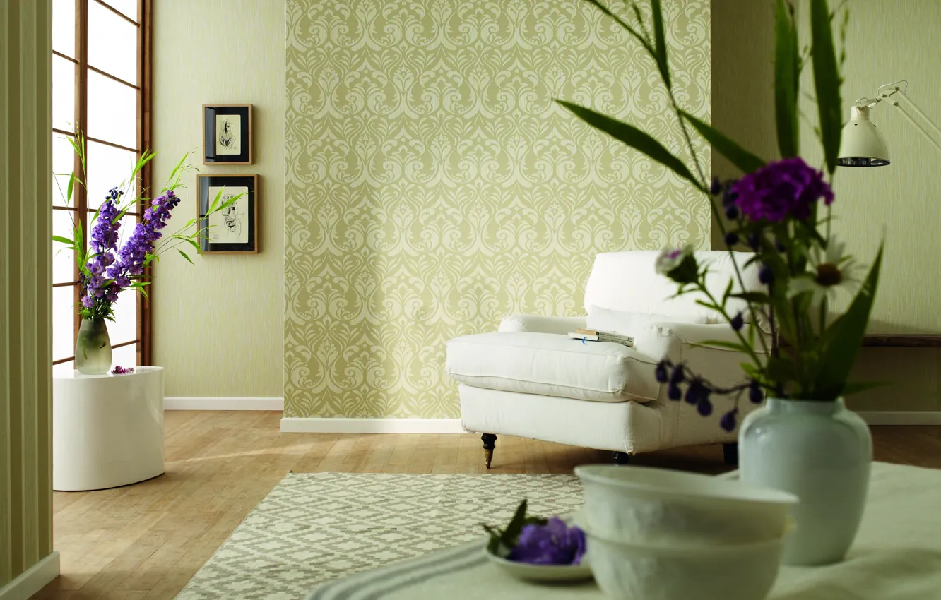 Фото обои цветы, дизайн, стиль, интерьер, кресло, жилое пространство