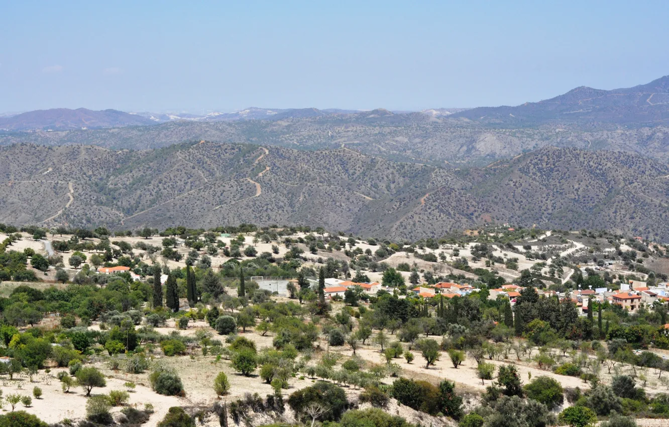 Фото обои зелень, солнце, горы, жара, Кипр