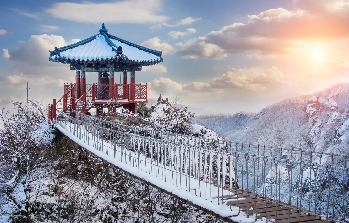 Фото обои Зима, Горы, Снег, Лес, Лестница, Лед, South Korea, Корея
