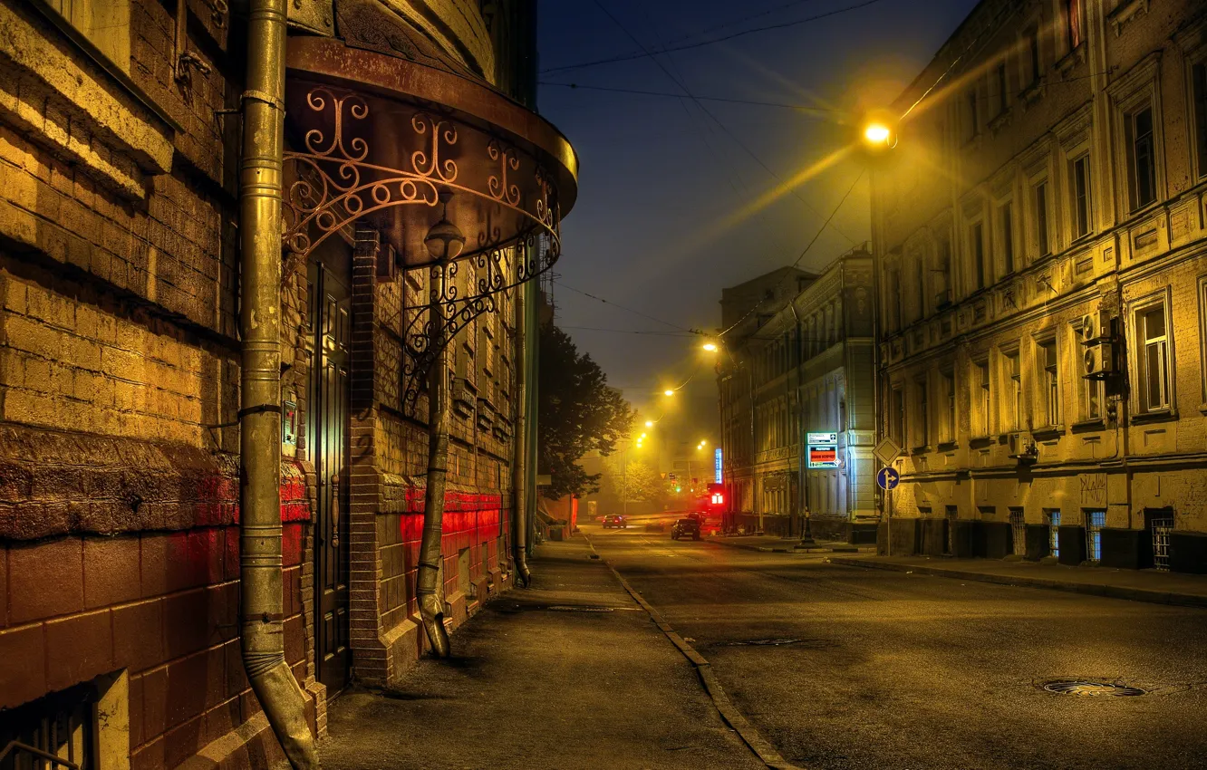 Фото обои дорога, ночь, дом, улица, HDR, фонари, Москва, Russia