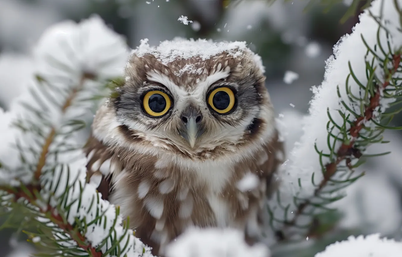 Фото обои animals, snow, funny, cute, owl, pines