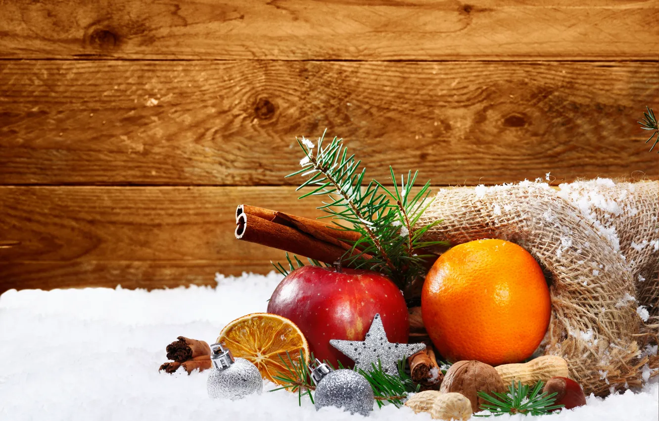 Фото обои снег, оранжевый, праздник, яблоко, Новый Год, Рождество, balls