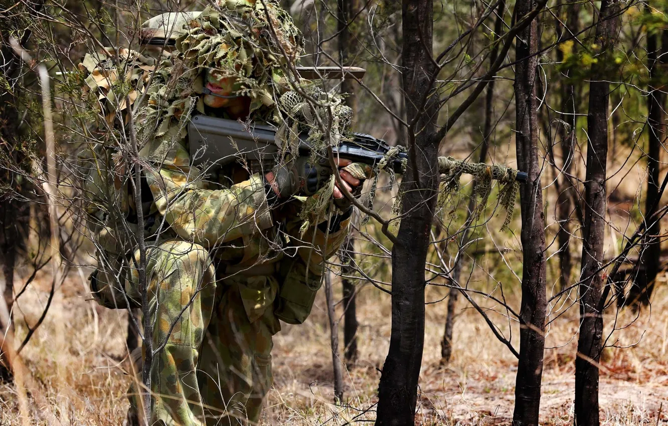 Фото обои forest, soldier, camouflage, australian army sniper
