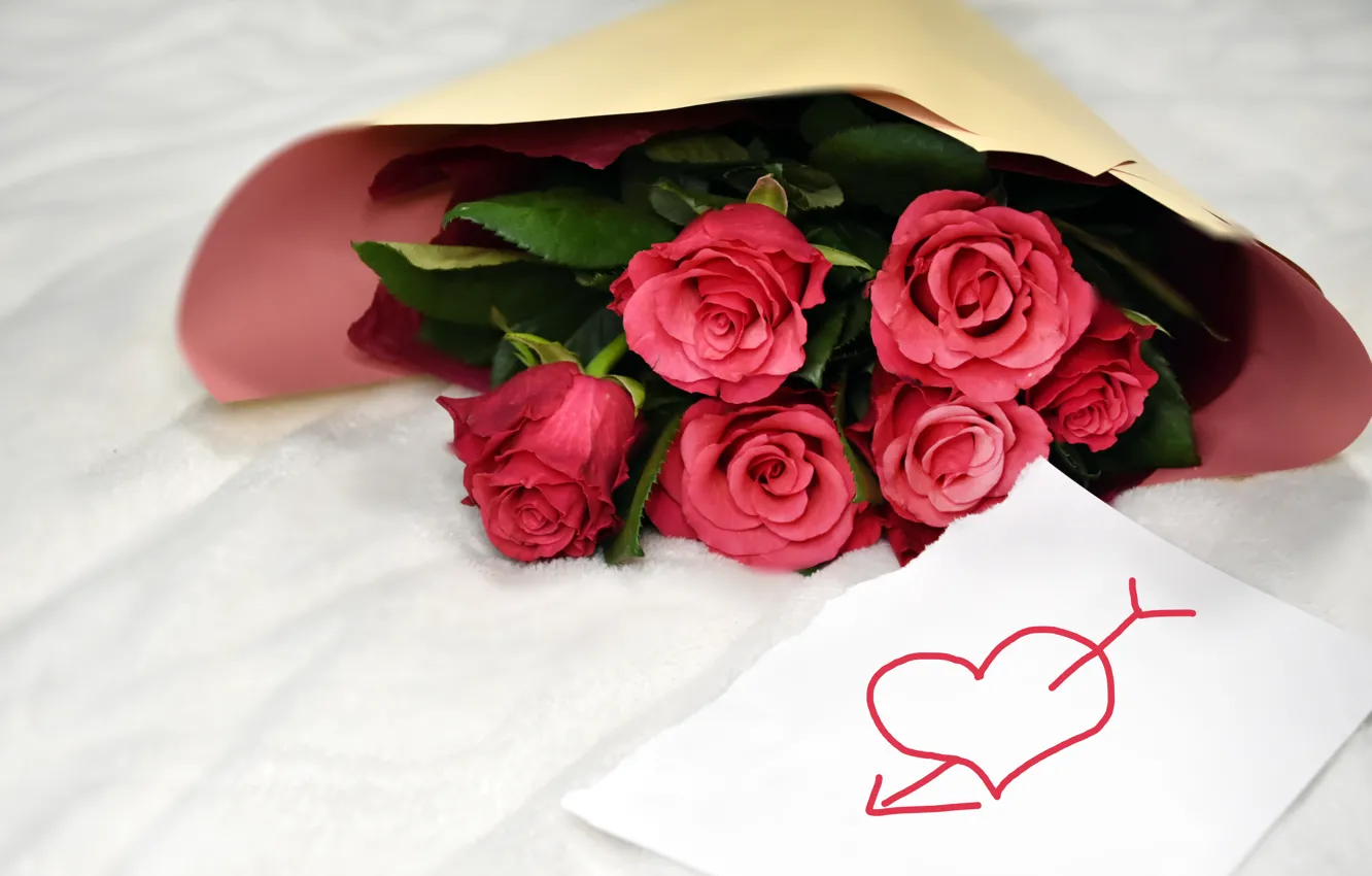 Фото обои цветы, сердце, розы, букет, пакет, красные, белый фон, мех