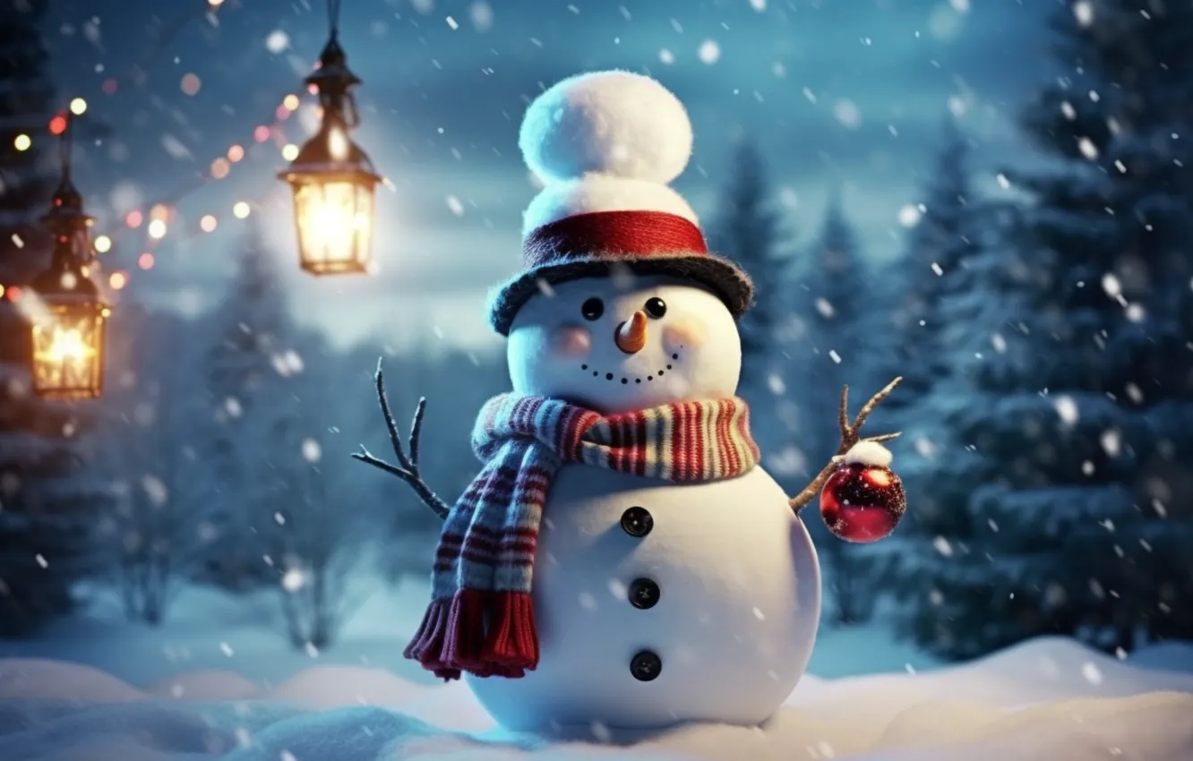 Фото обои зима, снег, новый год, Рождество, снеговик, Christmas, night, winter