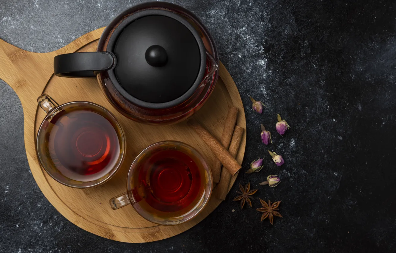 Фото обои чай, чайник, чашка, разделочная доска
