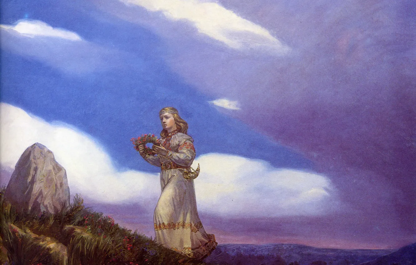 Фото обои небо, девушка, цветы, Клименко Андрей, Венок на камень