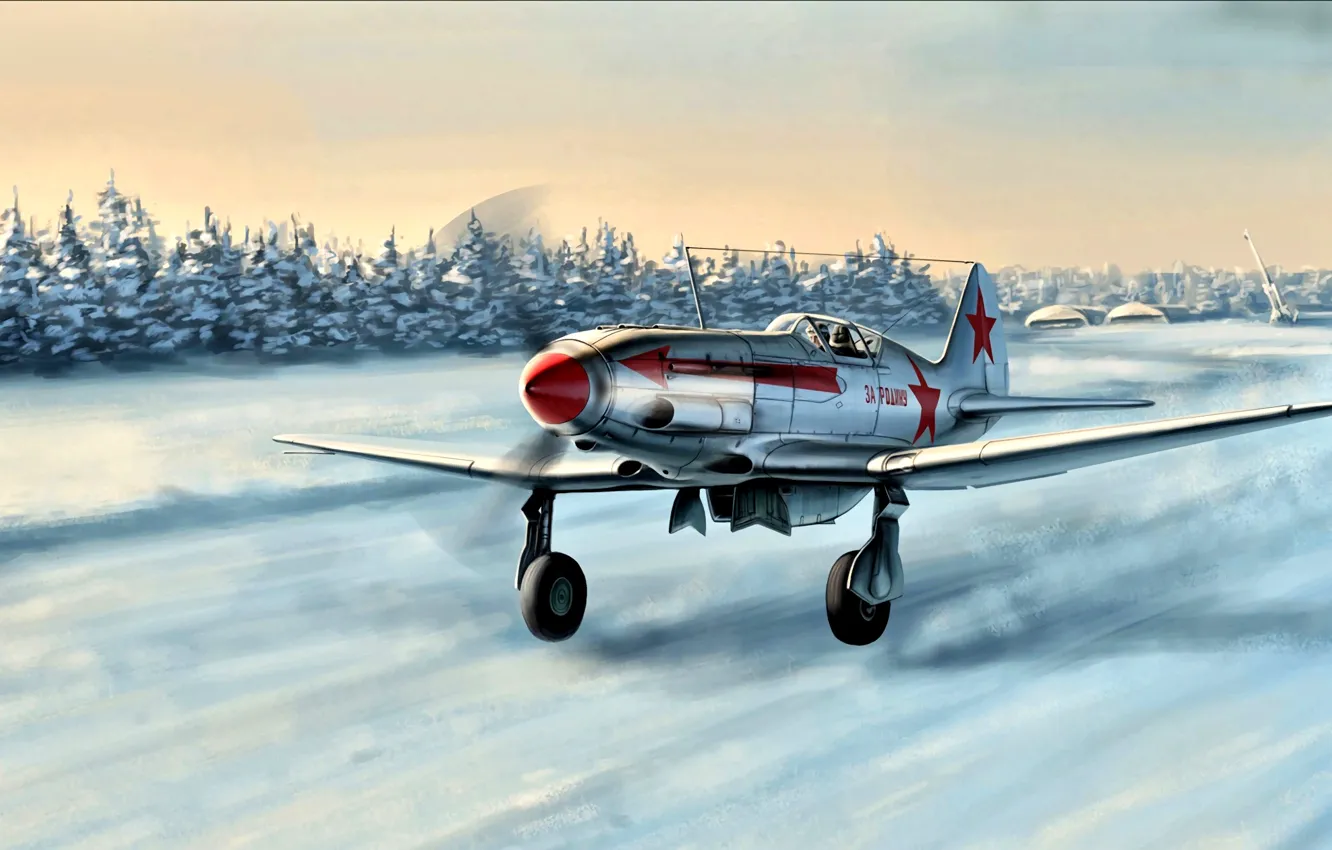 Фото обои Зима, Снег, истребитель, Взлёт, МиГ-3, советский, Вторая Мировая война, высотный перехватчик