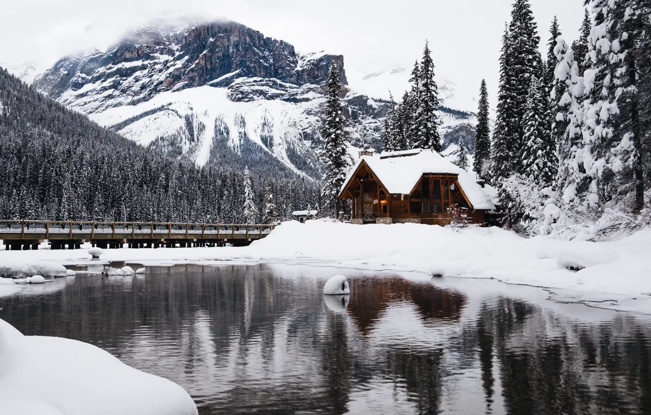 Фото обои зима, лес, снег, деревья, горы, озеро, house, хижина