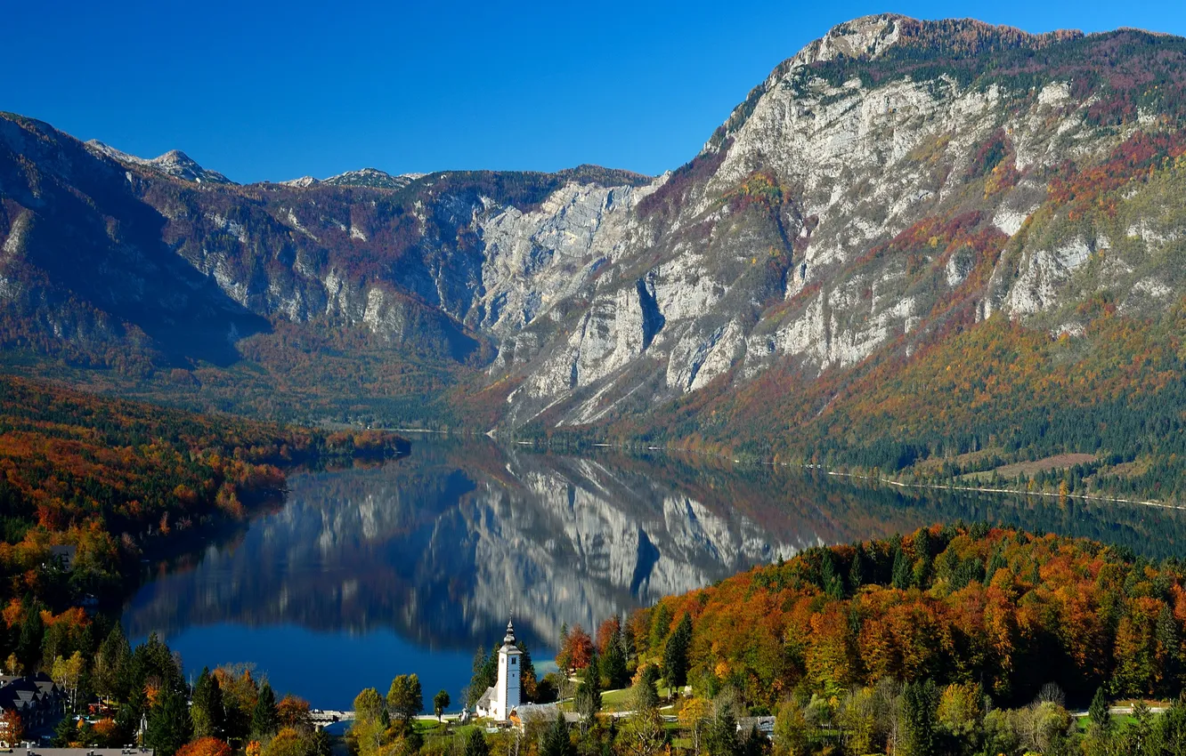 Фото обои лес, горы, озеро, городок, Словения, Bohinj Lake