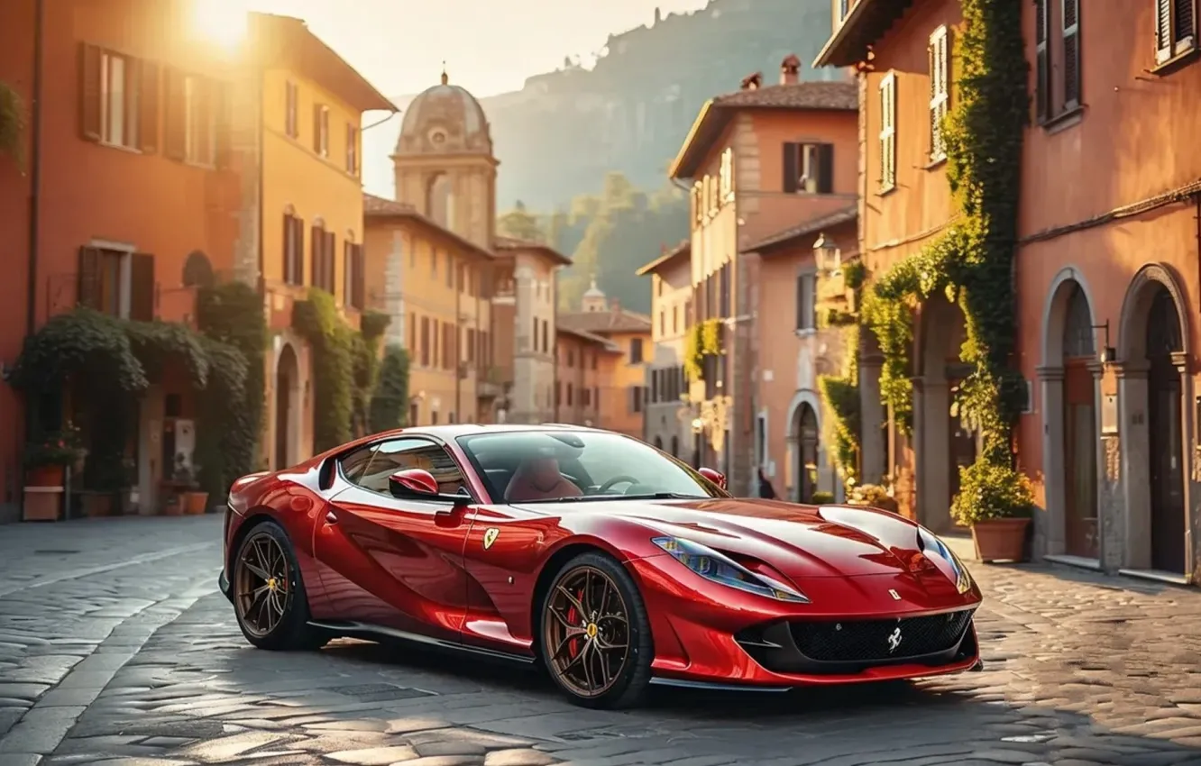 Фото обои city, Ferrari, red, Italy, Sun
