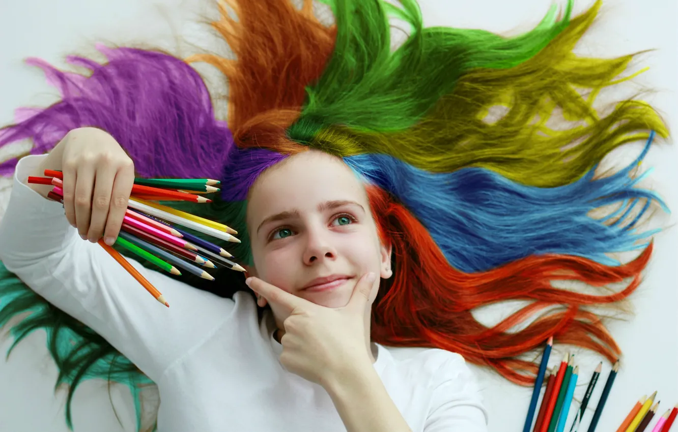Фото обои цвет, карандаши, девочка