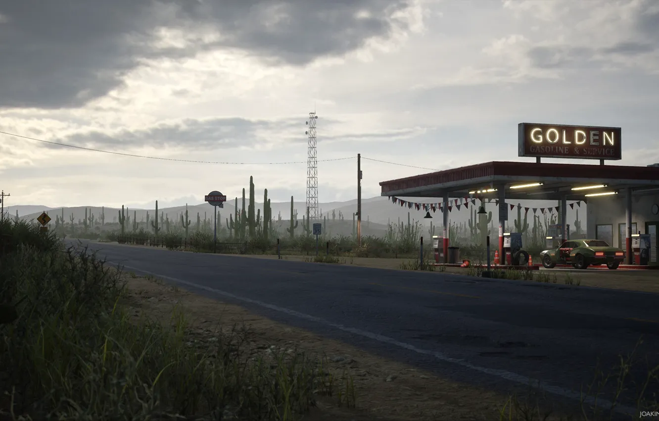 Фото обои станция, шоссе, кактусы, Desert Gas Station, Golden Gasoline