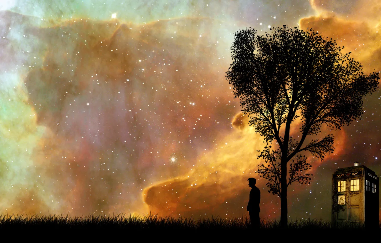 Фото обои небо, дерево, человек, будка, The Lonely Doctor