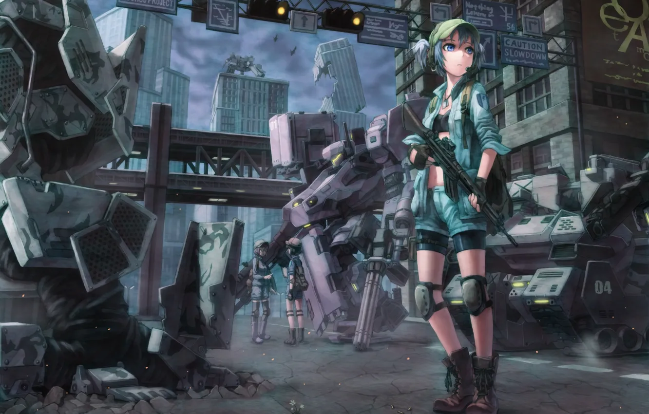 Фото обои цветок, девушка, оружие, здания, роботы, гильзы, touhou, kawashiro nitori